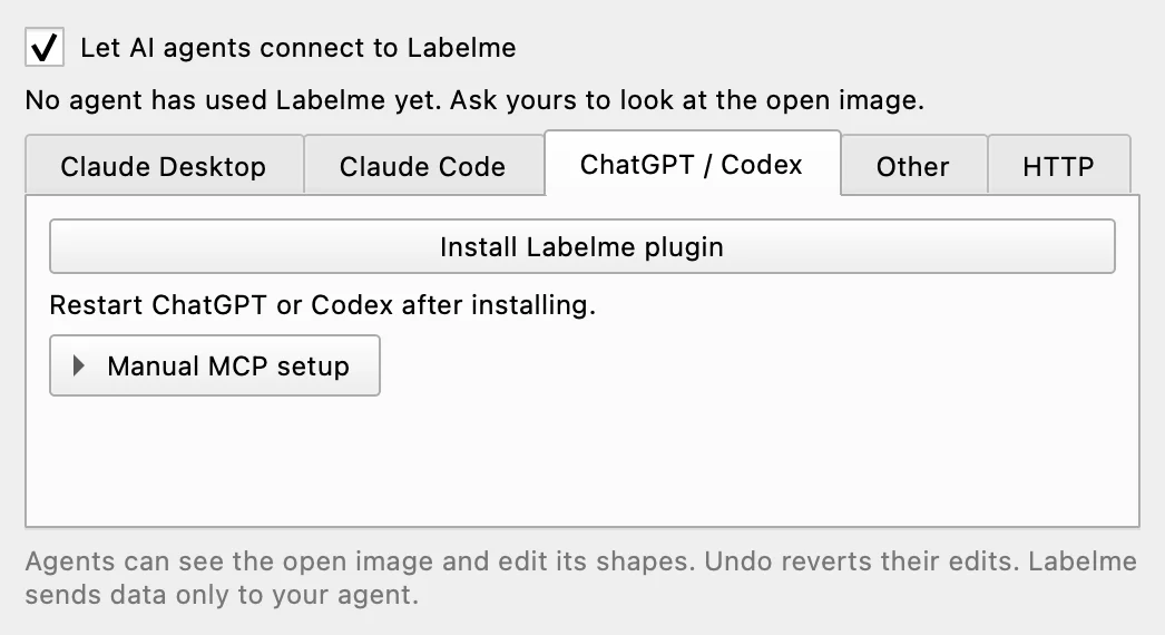 Labelme 的“Connect AI Agent”窗口，“ChatGPT / Codex”标签页中有“Install Labelme plugin”按钮。