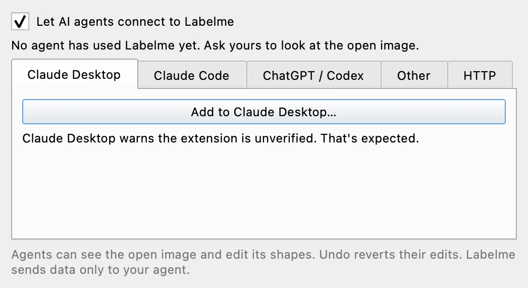 Labelme 的“Connect AI Agent”窗口，“Claude Desktop”标签页中有“Add to Claude Desktop”按钮。