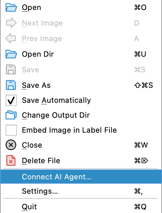Labelme 的“文件”菜单，“Connect AI Agent…”处于高亮状态。