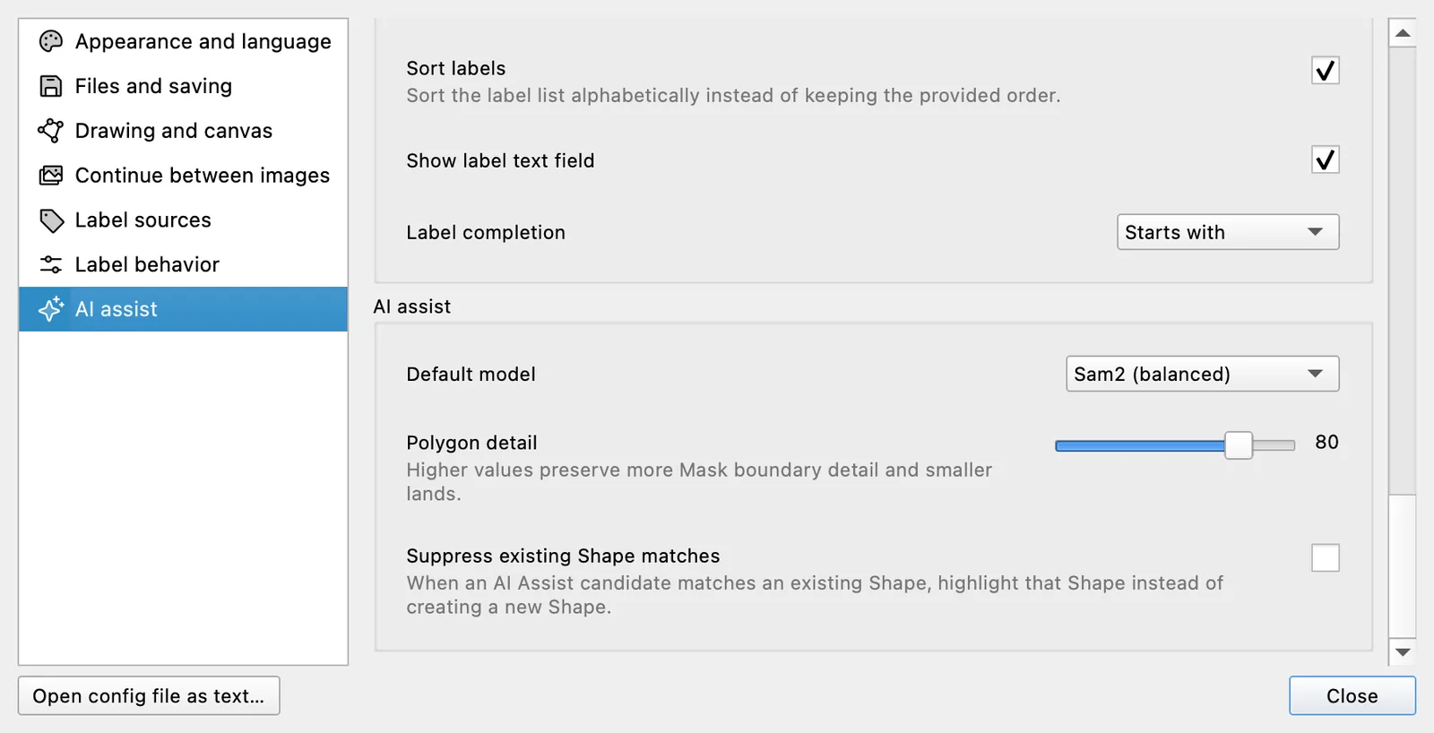 Offscreen Labelme Settings open to AI assist, showing the Polygon detail slider set to 80.