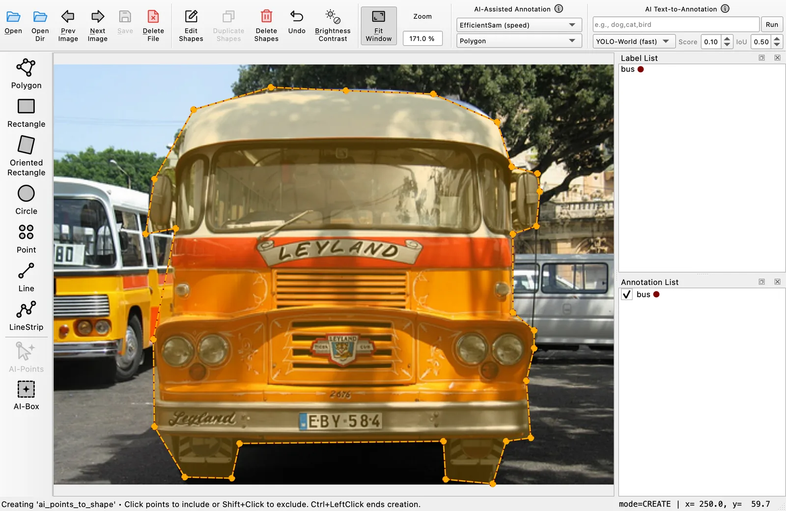 Offscreen Labelme canvas showing the same bus, the hand-drawn Shape covered by a dashed amber highlight, and the Annotation List holding a single bus entry.