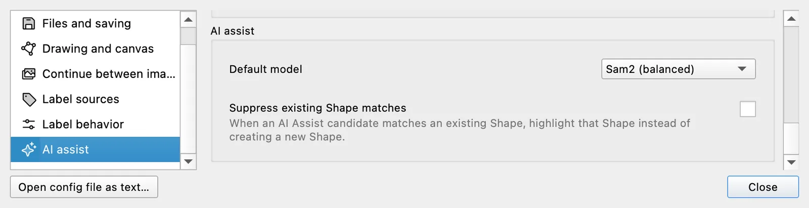 Offscreen Labelme Settings open to AI assist, showing the Suppress existing Shape matches checkbox unchecked.