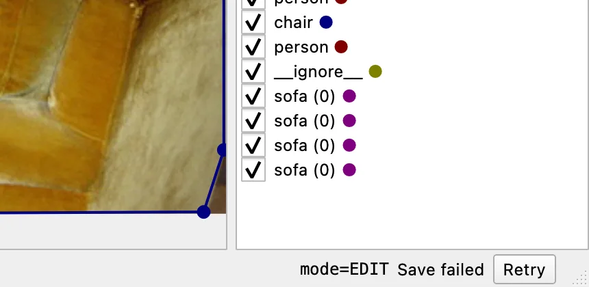Offscreen Labelme v7.8.0 render of the canvas corner, the Shape List, and the status bar reading Save failed beside a Retry button.