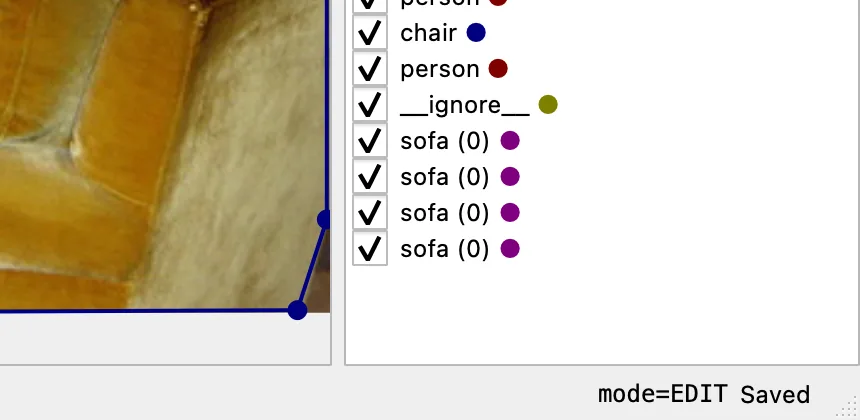 Offscreen Labelme v7.8.0 render of the canvas corner, the Shape List, and the status bar reading Saved after a Shape was moved.