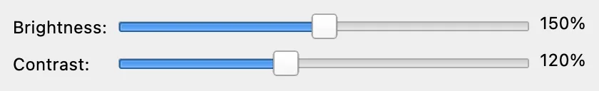 Offscreen render of the Labelme Brightness/Contrast dialog, with the Brightness slider reading 150% and the Contrast slider reading 120%.