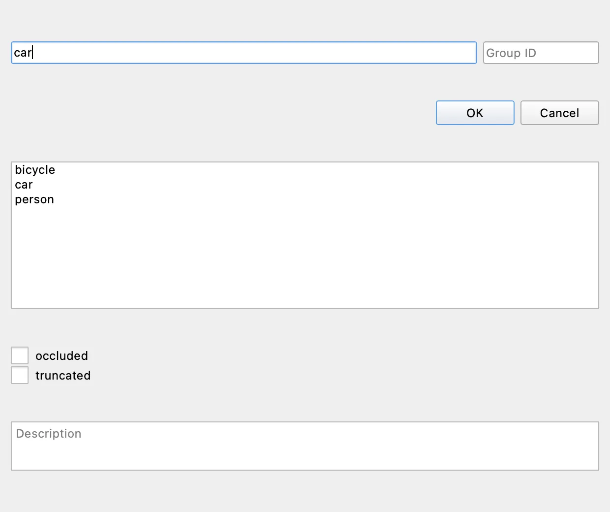 Offscreen Labelme v7.6.0 Shape Label dialog for car showing unchecked occluded and truncated Shape Flag checkboxes.