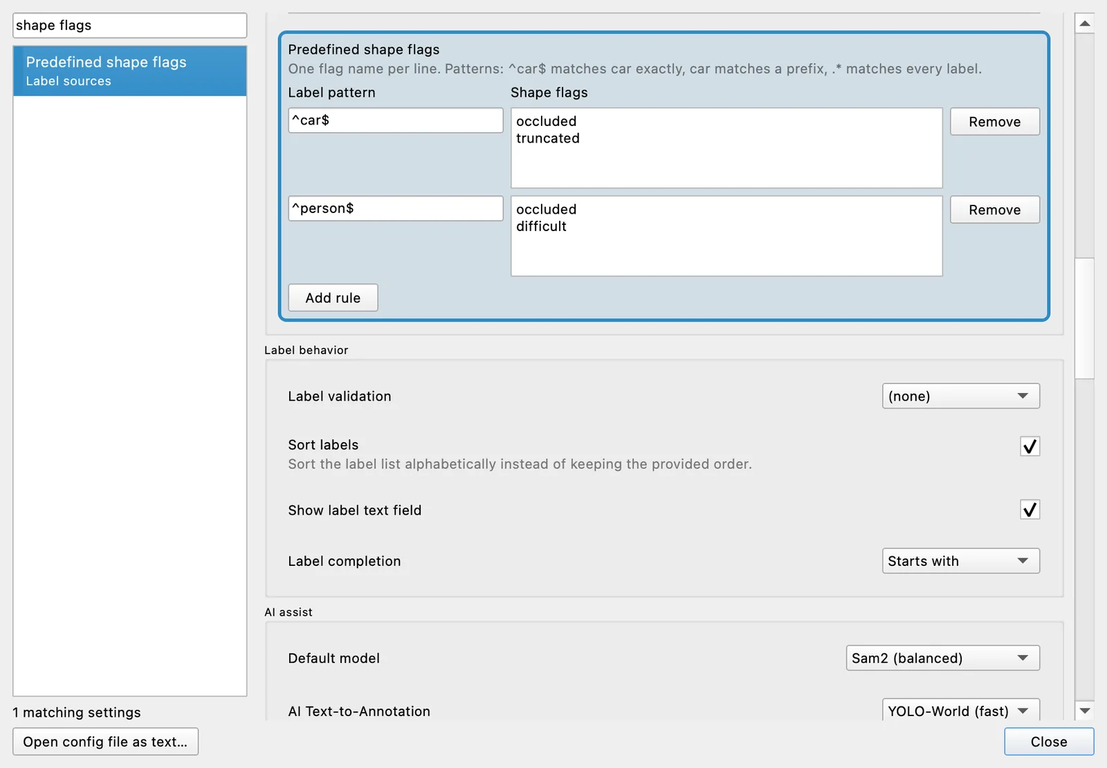 Offscreen Labelme v7.6.0 Settings showing exact-match rules that offer occluded and truncated for car Shapes, and occluded and difficult for person Shapes.
