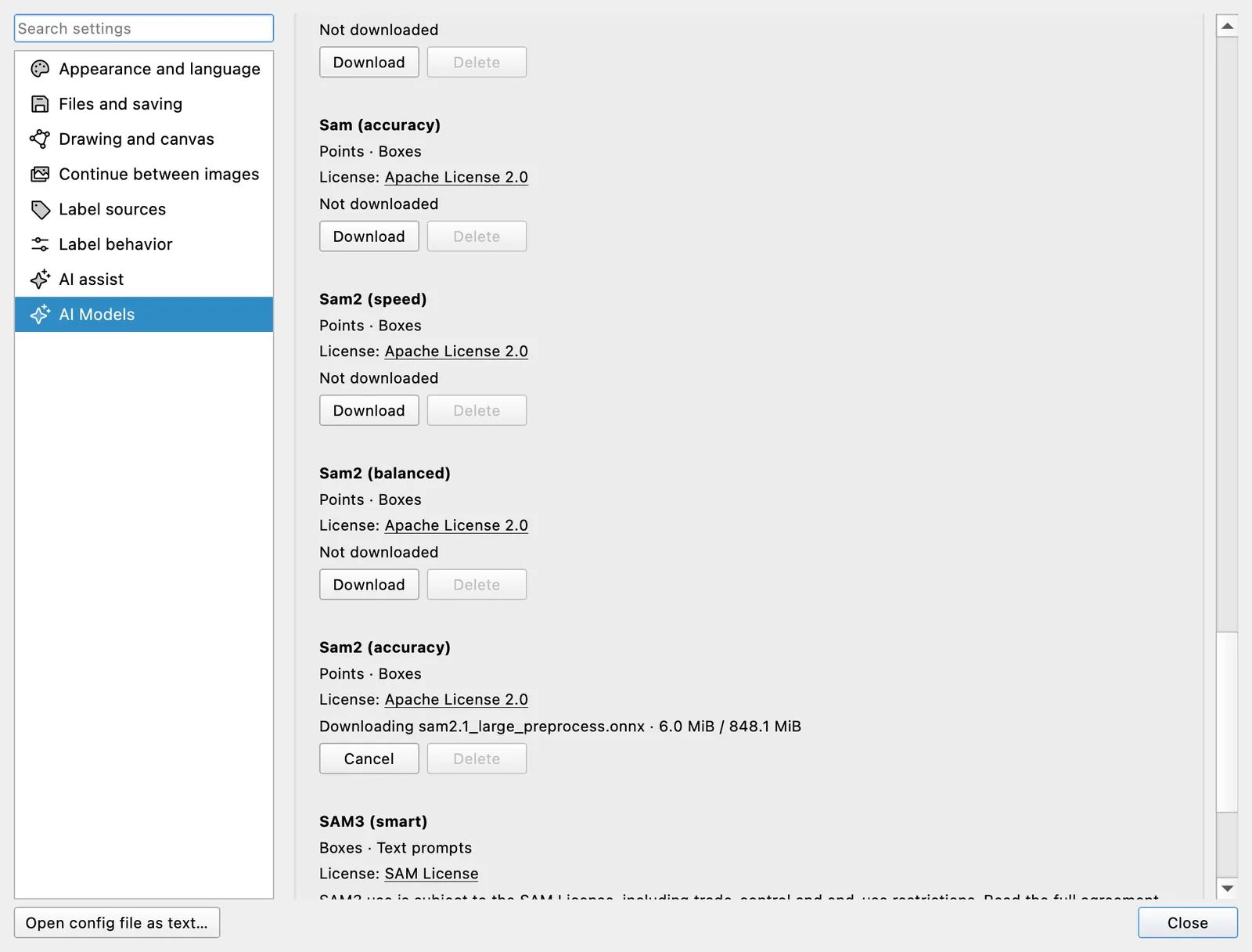 Offscreen Labelme v7.6.0 Settings open to AI Models while Sam2 accuracy downloads, showing byte progress, its Apache License 2.0 link, and a Cancel button.