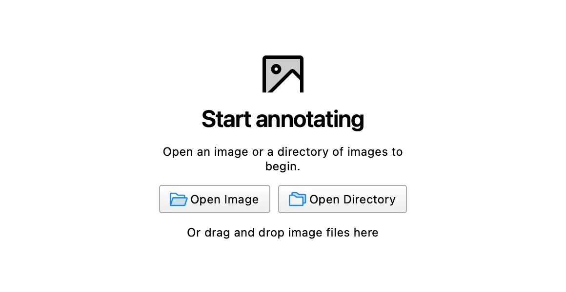 Labelme v7.5.0 empty state with Start annotating, Open Image and Open Directory buttons, and the hint Or drag and drop image files here.