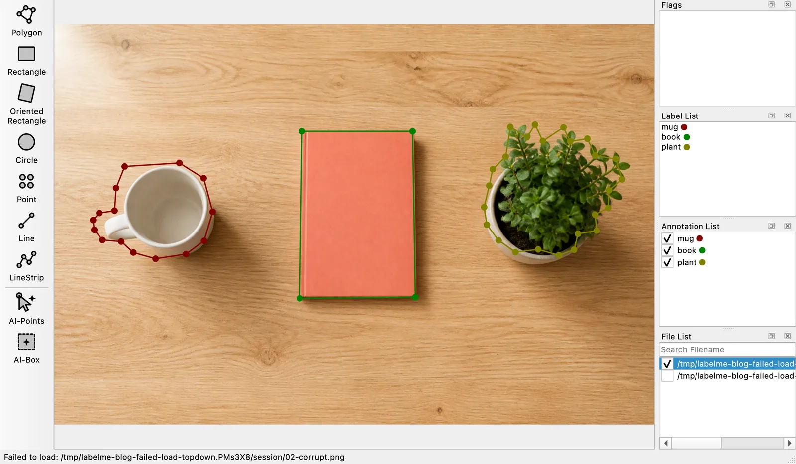 An offscreen render after the next image failed to load, with an annotated top-down desk image still on the canvas, its row still selected in the File List, and the status bar naming the failed file