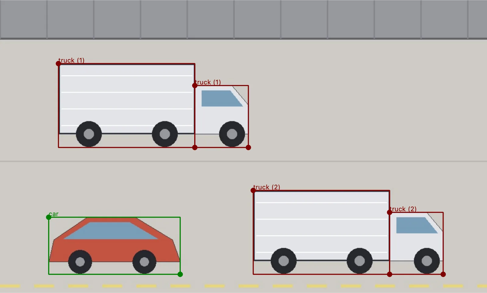 Offscreen Labelme canvas showing the same synthetic depot scene, where the cab and trailer of one truck both read truck (1), the cab and trailer of the other both read truck (2), and the car still reads car.