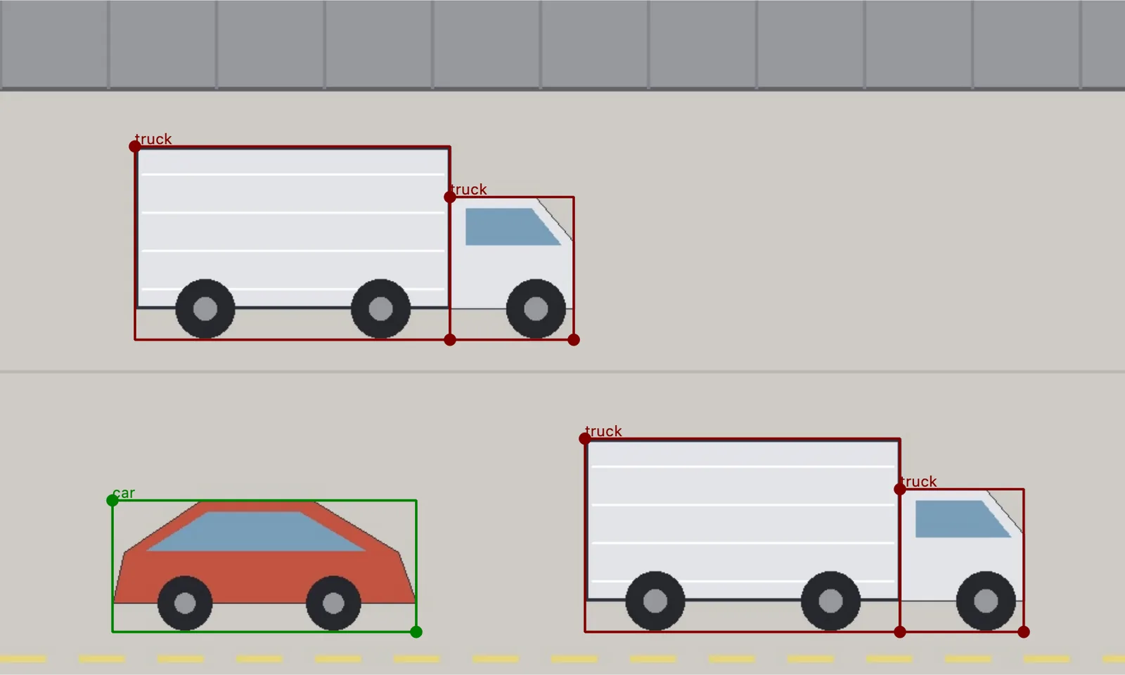 Offscreen Labelme canvas showing a synthetic depot scene with four truck rectangles all labeled truck and one car rectangle labeled car.