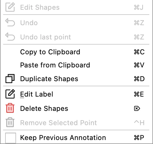 Edit menu in v7.3.0 with Undo first, then Copy to Clipboard, Paste from Clipboard and Duplicate Shapes, then Edit Label and Delete Shapes, each group separated.