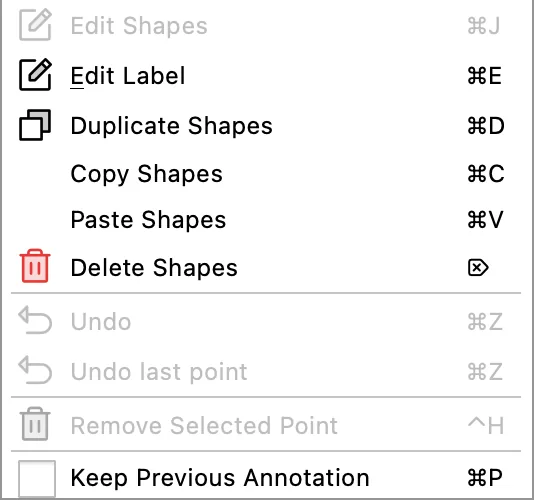 Edit menu in v7.2.0 listing Edit Shapes, Edit Label, Duplicate Shapes, Copy Shapes, Paste Shapes and Delete Shapes in one block, with Undo below them.