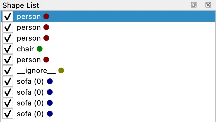 The same dock in v7.3.0 titled Shape List, holding the same ten rows.
