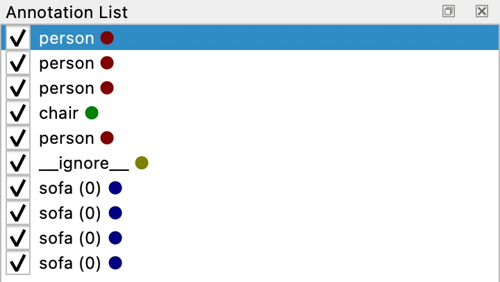 The dock in v7.2.0 titled Annotation List, holding ten rows labeled person, chair and sofa.