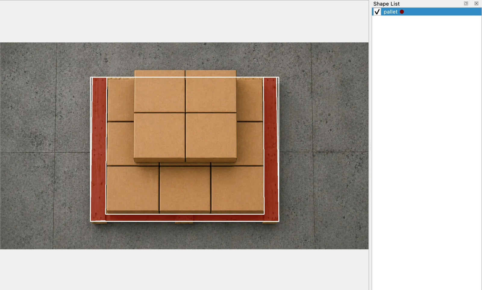 Offscreen Labelme v7.5.0 render of the same pallet after Merge Shapes, with the same exposed wood masked and one selected pallet entry in the Shape List.