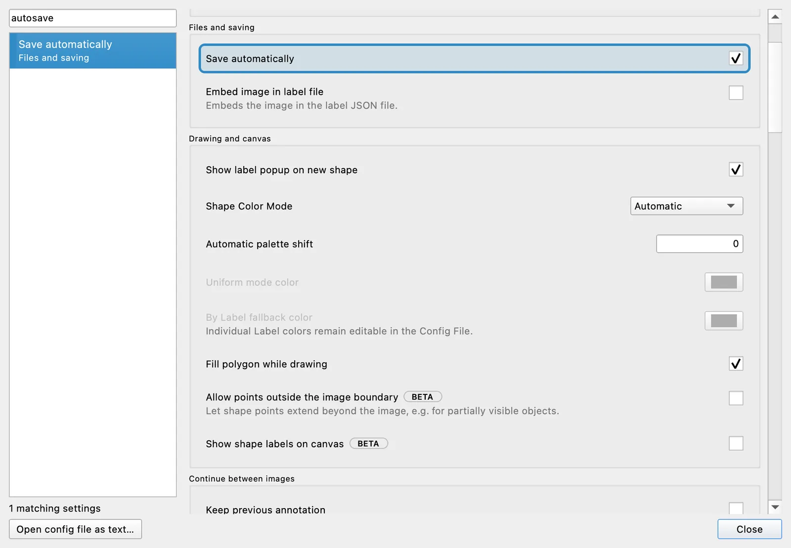 Offscreen Labelme v7.6.0 Settings with autosave in the search field, Save automatically selected in the results, and its highlighted checkbox visible in Files and saving.