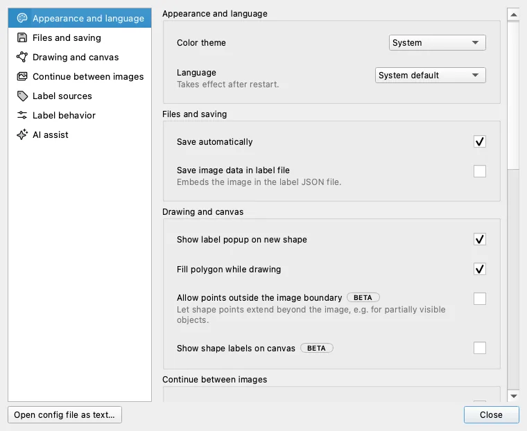 The Labelme Settings dialog with a section index on the left listing Appearance and language, Files and saving, Drawing and canvas, Continue between images, Label sources, Label behavior, and AI assist, and a scrollable page on the right showing controls for color theme, language, save automatically, save image data, and canvas options