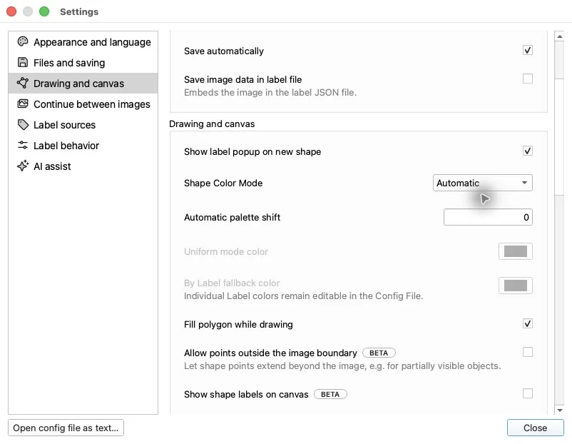Labelme Settings open to Drawing and canvas, showing Shape Color Mode set to Automatic with controls for Automatic, Uniform, and By Label.