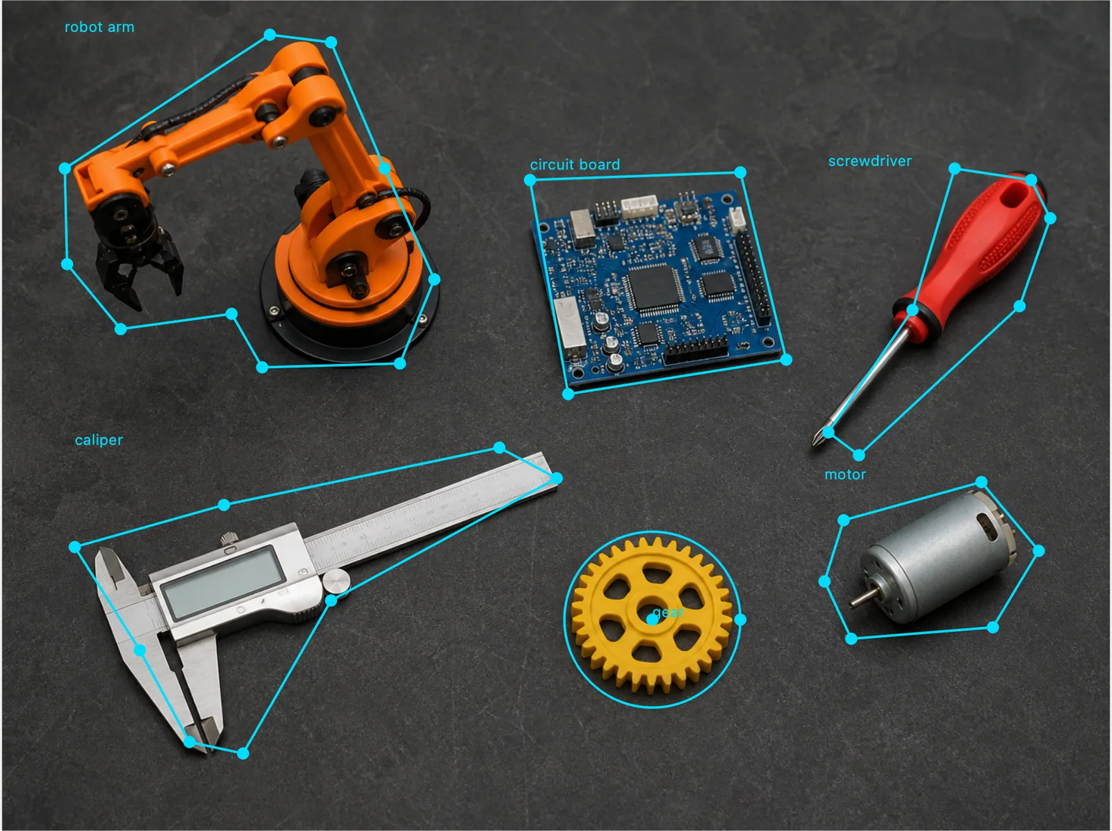 Offscreen Labelme canvas showing the same synthetic robotics workbench with all six objects annotated in one cyan Uniform Shape Color.