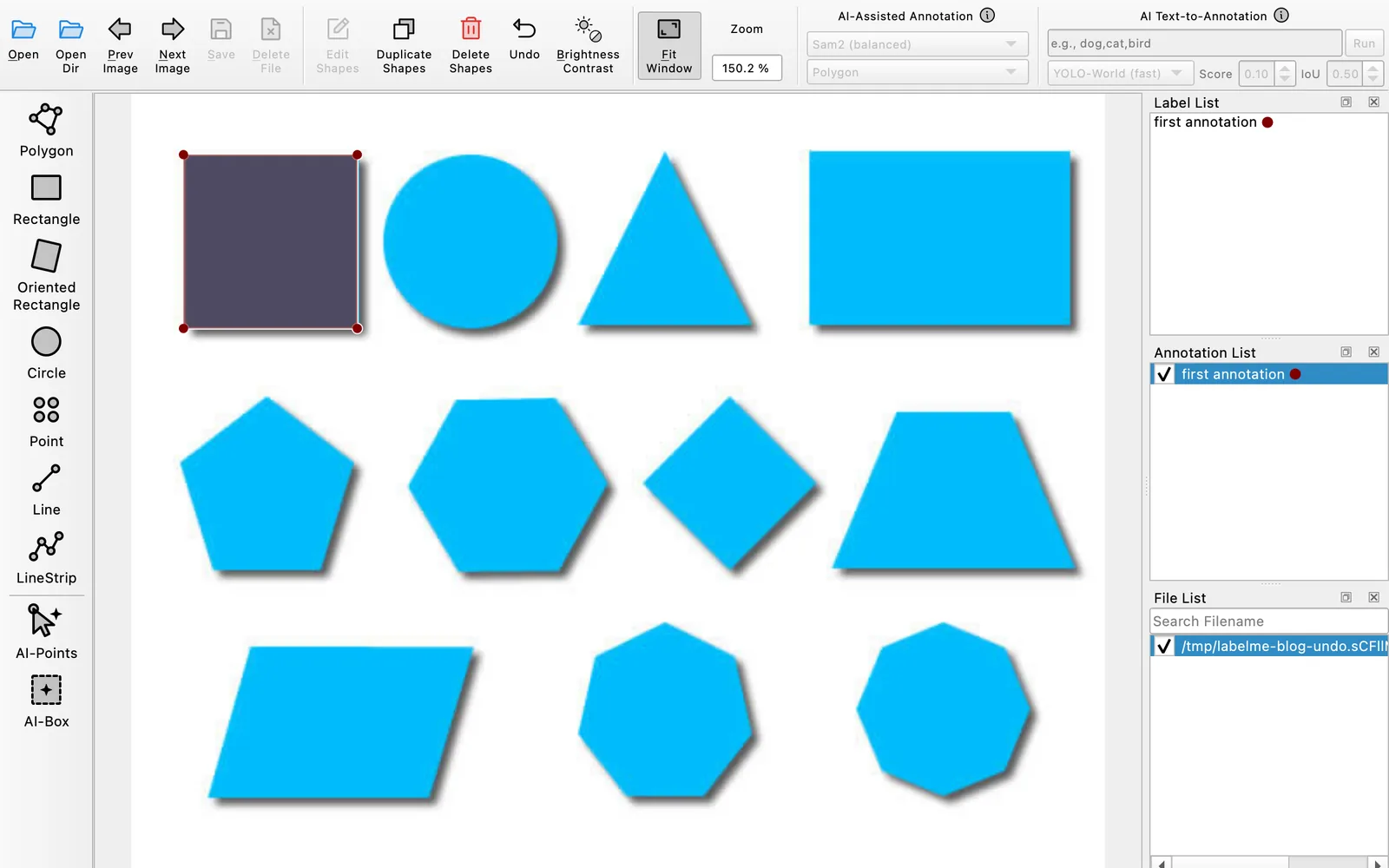 Labelme showing the first polygon on the canvas and in the Annotation List, with Undo enabled in the toolbar.