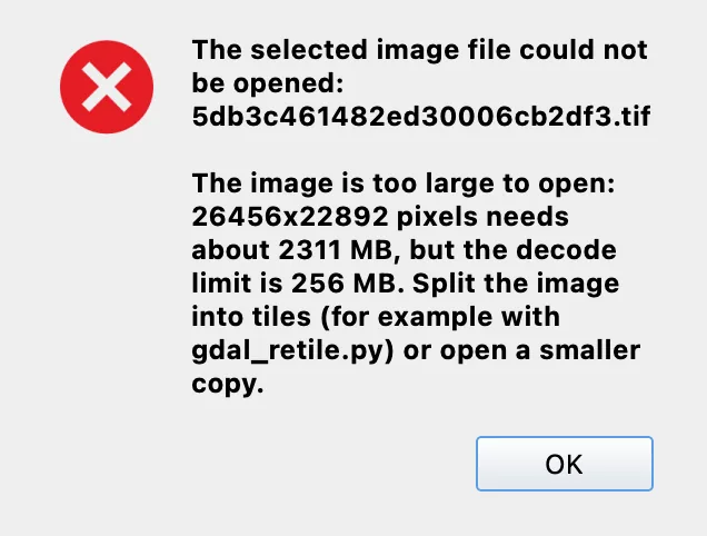 Labelme v7.4.1 error for the aerial TIFF: 26456 by 22892 pixels needs about 2311 MB, above the 256 MB decode limit.