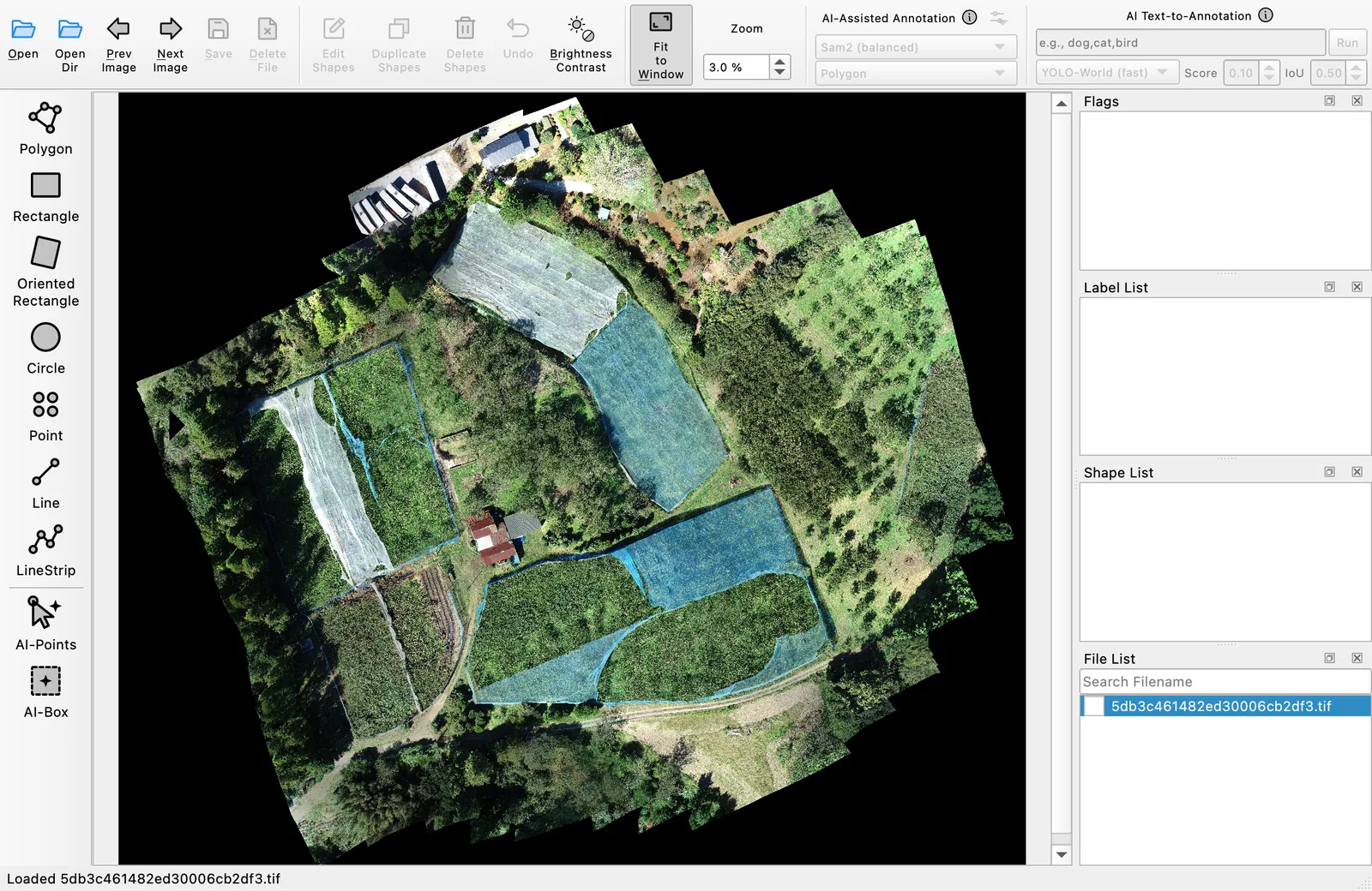 The same aerial TIFF loaded on the Labelme v7.5.0 canvas after confirming Open Anyway.