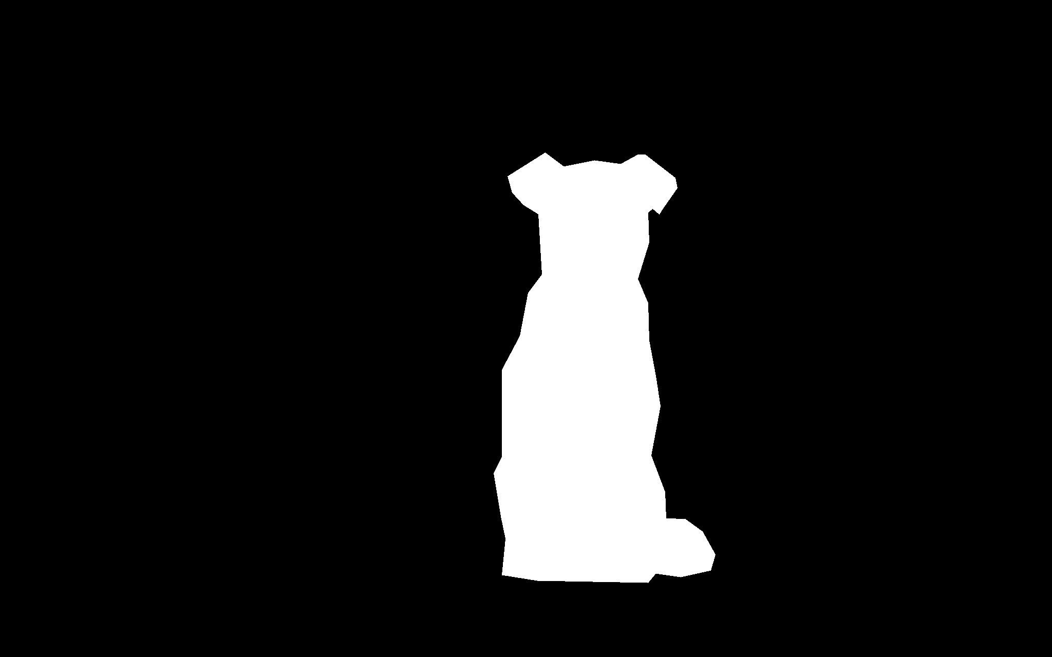 Binary preview of the exported sample mask: the middle dog's polygon in white on black.