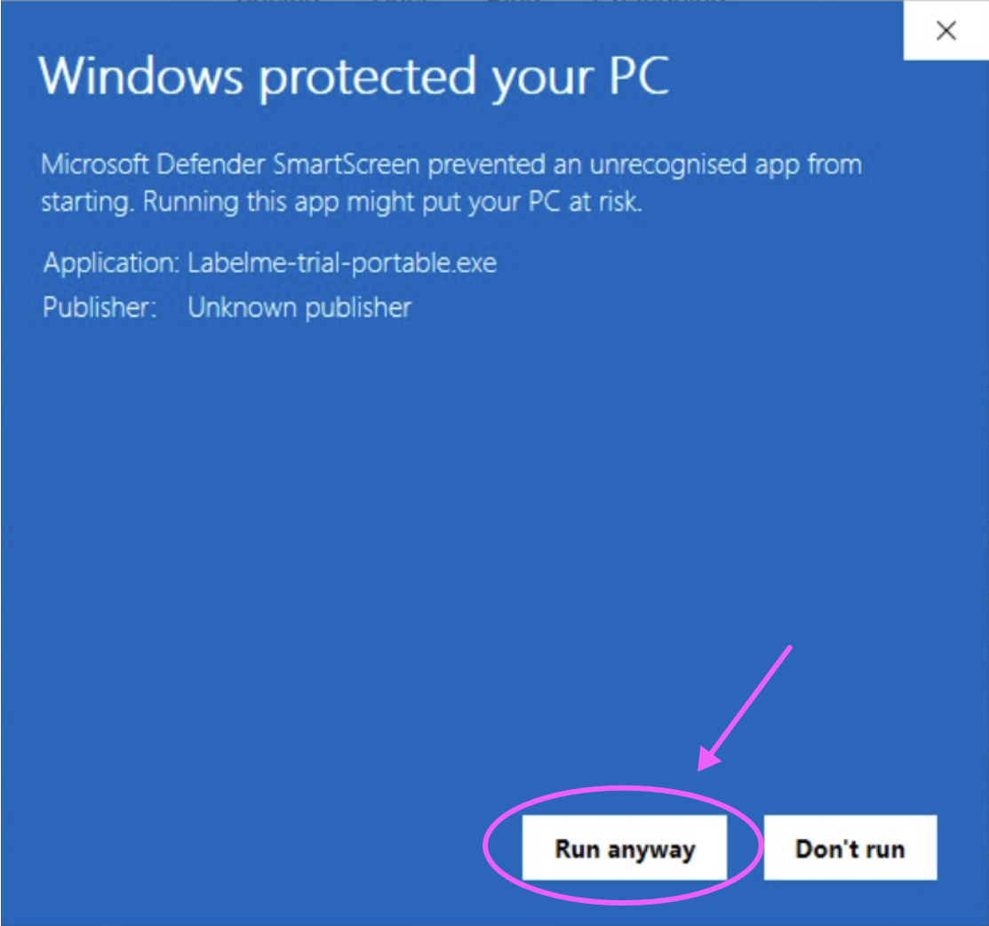 Expanded Windows warning showing Unknown publisher and the Run anyway button.